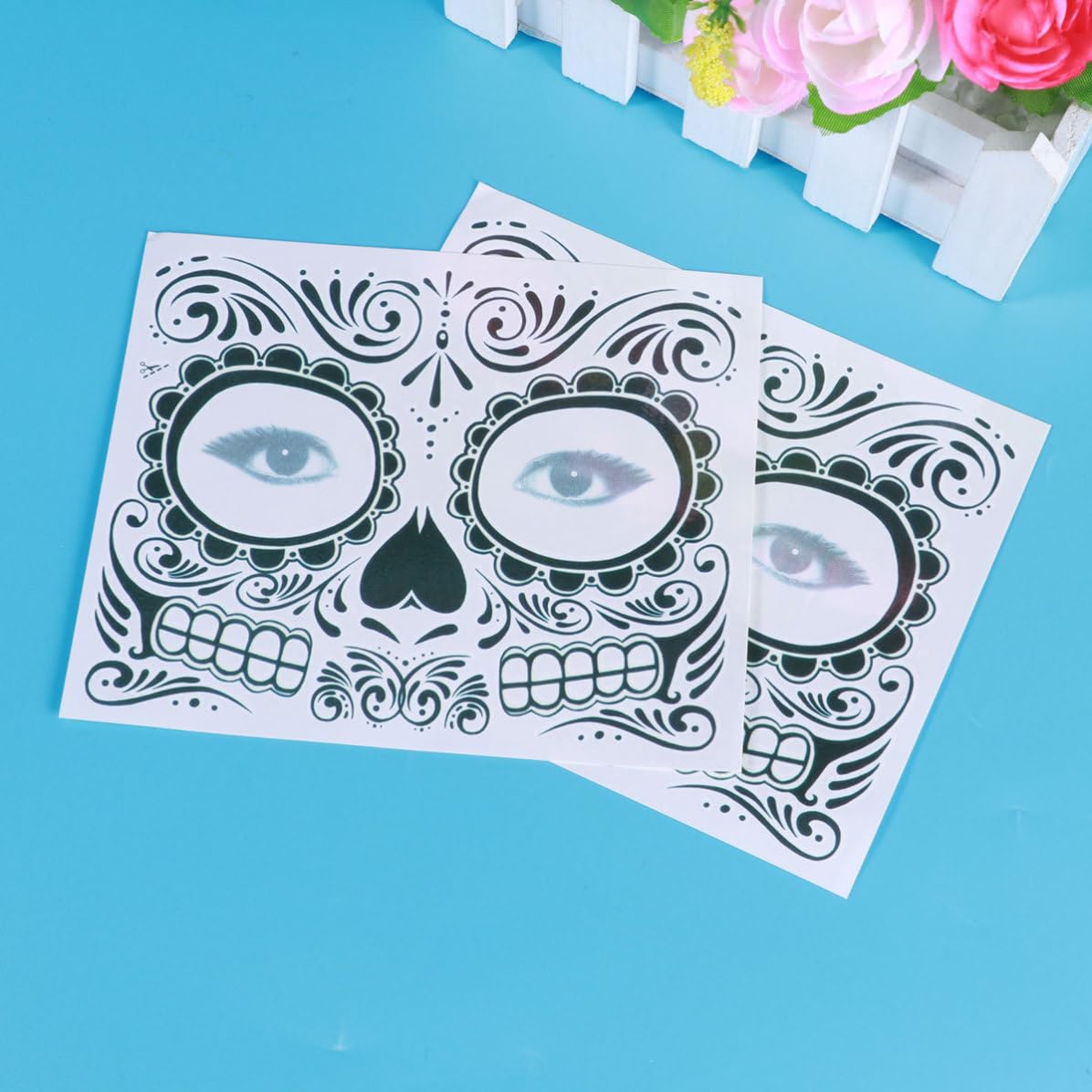Vaguelly 2 Tatuajes Temporales y Día Muertos Seguros y Fáciles de Aplicar Impermeables de Esqueleto en Papel para Halloween en Fiestas