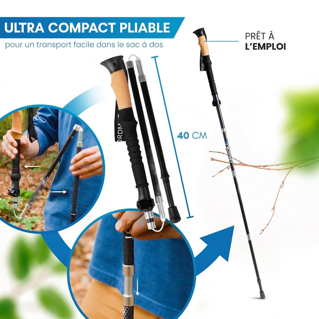 NORDMUT® Bâtons de randonnée pliables | Bâtons de marche nordique ultra légers pour homme et femme | Bâtons de randonnée télescopiques de qualité supérieure | Bâtons de trekking en aluminium [avec jeu