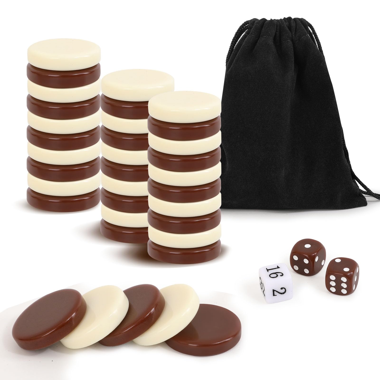 Ceramic Chess Pieces only - Checkers Pieces Set for Board Games, Includes Backgammon Pieces and Carrom Coins (Off white and brown, 32mm)