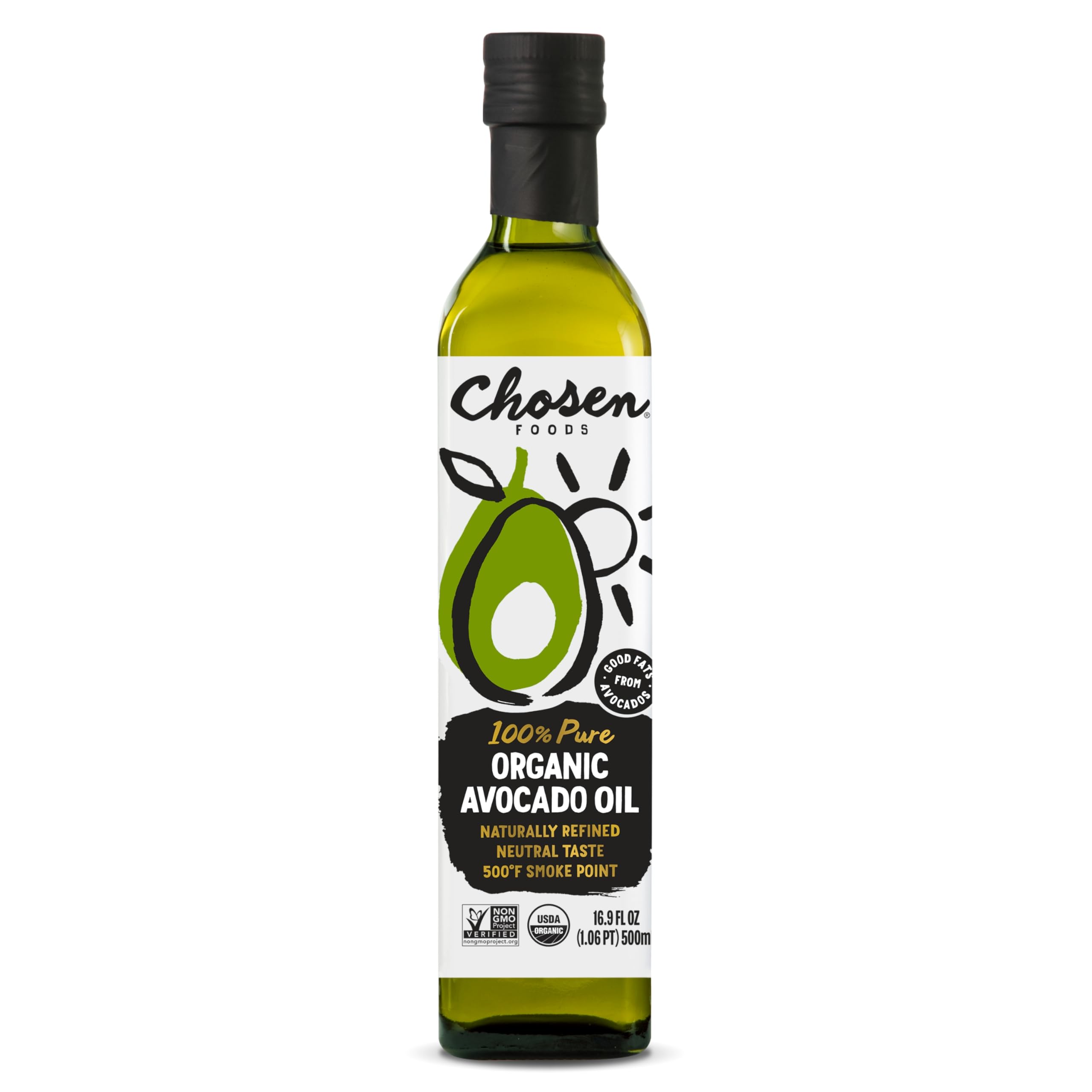 Chosen Foods Organic Avocado Oil 16.9 Fl Oz High Smoke Point Non-GMO USDA Organic Cooking Oil