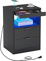 Vista 1 de ADORNEVE Mesita de noche LED negra con estación de carga inalámbrica, 2 cajones, moderna mesa auxiliar de dormitorio con luces LED, mesa de noche