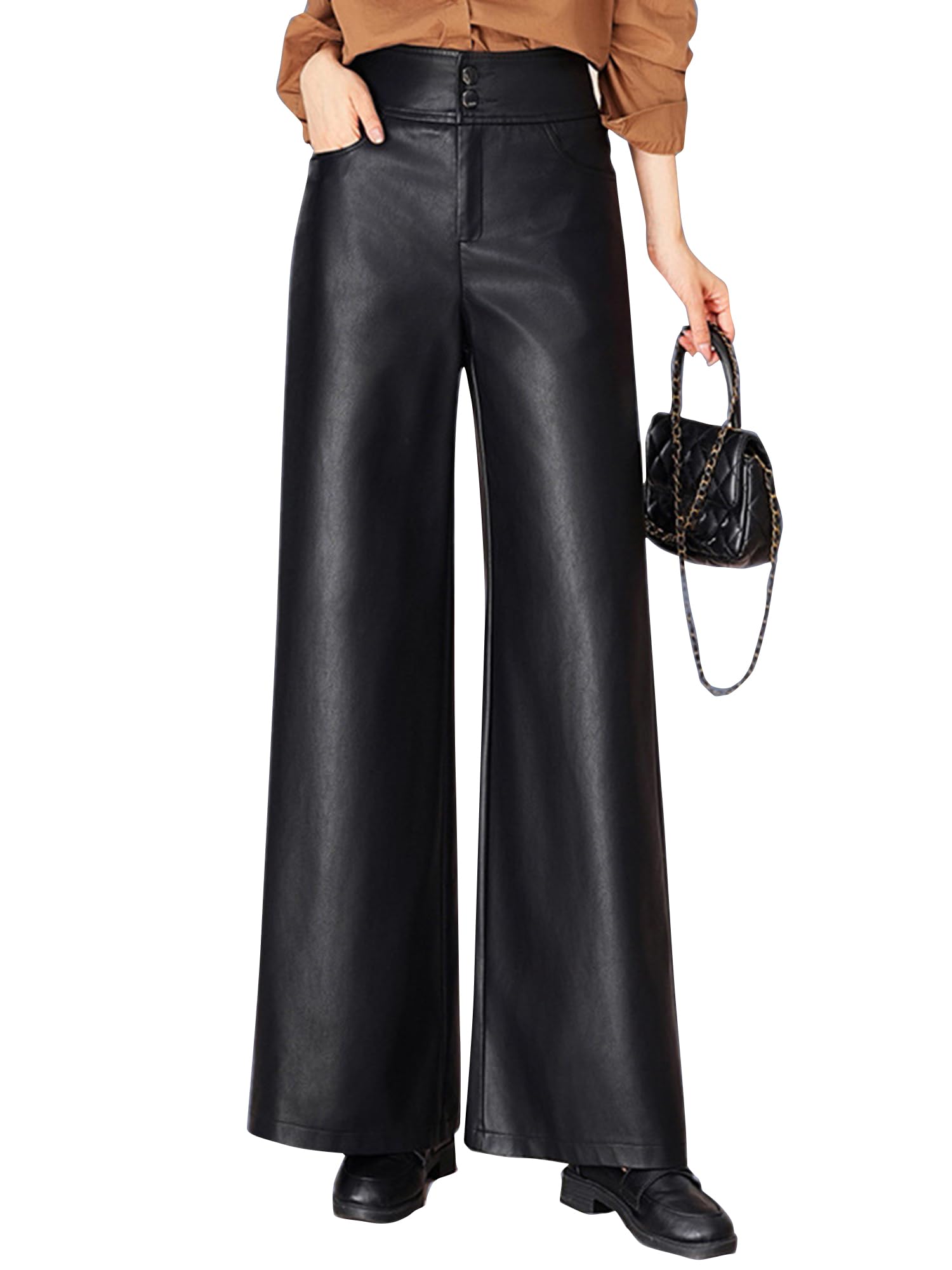 Lucrosun Trendy Faux Leather Pants High Waist Wide Leg PU Leather Palazzo Trousers