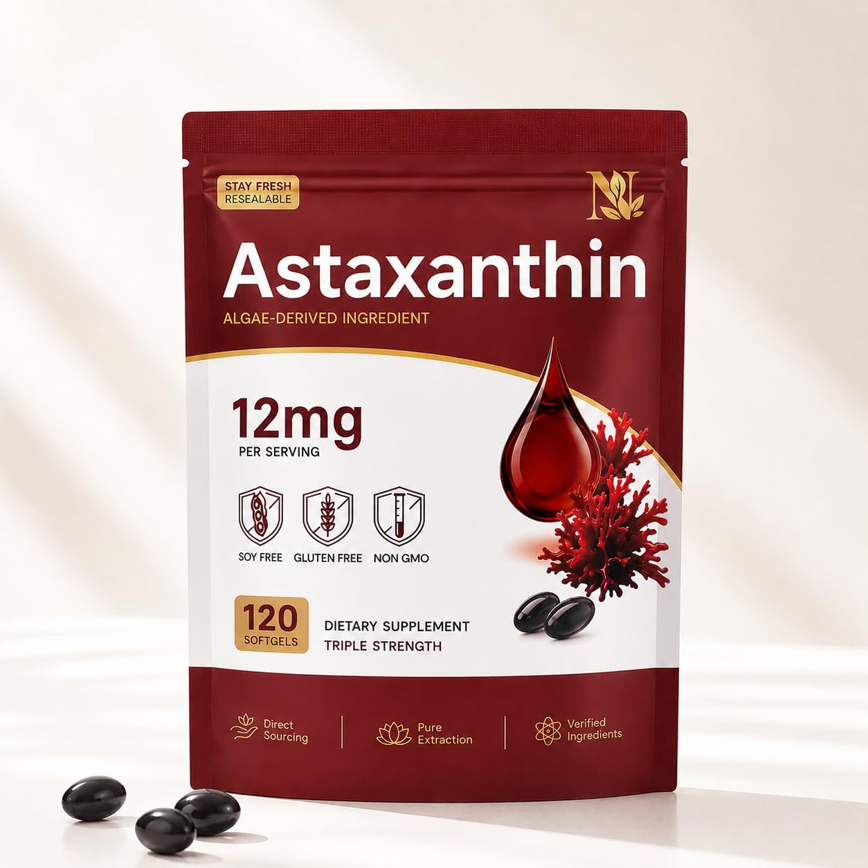 Astaxanthin 12mg Supplement 120 Softgels, Premium Natural Astaxanthin from Microalgae, Antioxidant Support for Eye, Skin & Joint Health | Non GMO, Gluten Free, Soy Free | 4 Month Supply