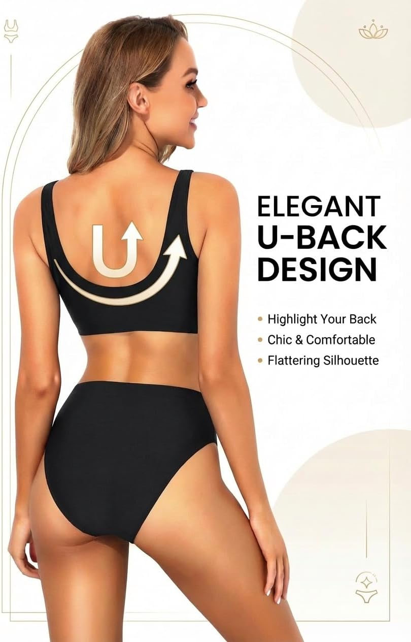 Tempt Me Women Two Piece Scoop Neck Bikini Crop Top Swimsuit Sporty High Waisted Bathing Suit - Image 3