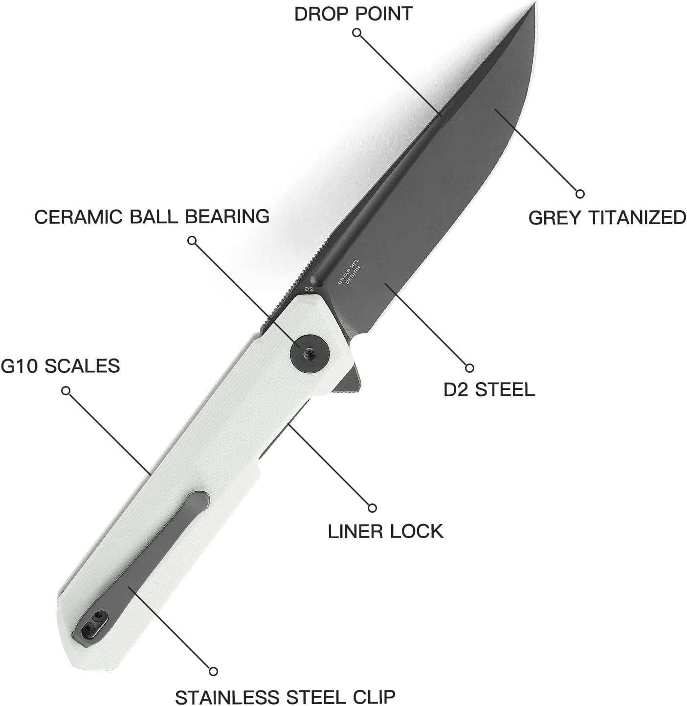 BESTECHMAN Dundee Pocket Folder Folding Knife: 3.35" D2 Steel Grey Titanized Blade, G10 Scales, EDC Reversible Deep Clip, BMK01I (White Handle)