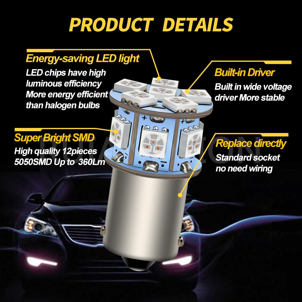 Ruiandsion 1156 BA15S P21W 7506 - Boczne światła LED AC6-30 V bez polaryzacji 5050 12SMD LED Chipsety Plug and Play żarówka LED w kolorze bursztynowym żółtym do świateł wstecznych światło migające
