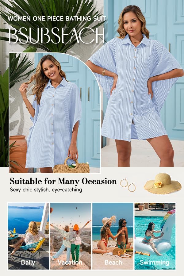 Bsubseach Swimsuit Cover Up Shirt 3/4 Sleeve Beach Coverup Oversized Button Down Shirts Bikini Bathing Suit Blue White Stripes - Image 4