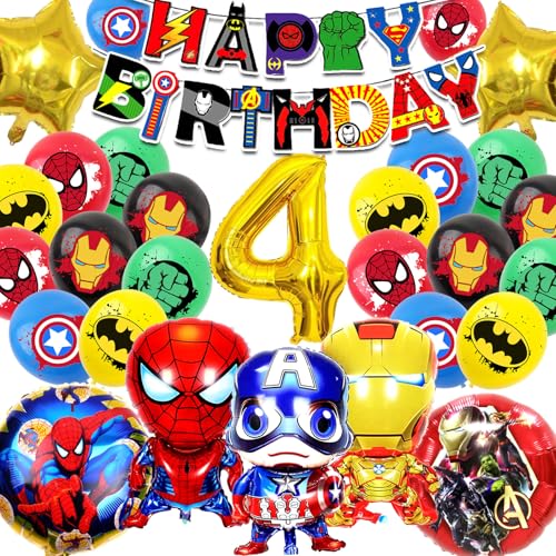 HTTMTTS Decoração de aniversário super-heróis 4 anos, balões super-heróis Marvl decoração de festa, balões de aniversário de 4 anos, aniversário infantil criança (decoração de aniversário criança 4