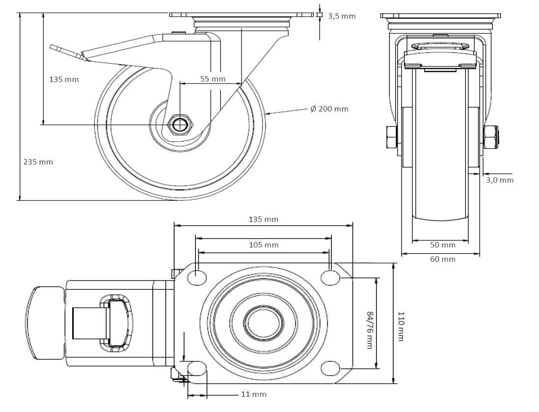 Rollensatz 2 Lenkrollen mit Feststeller + 2 Bockrollen 200 mm Thermoplastisches Gummi
