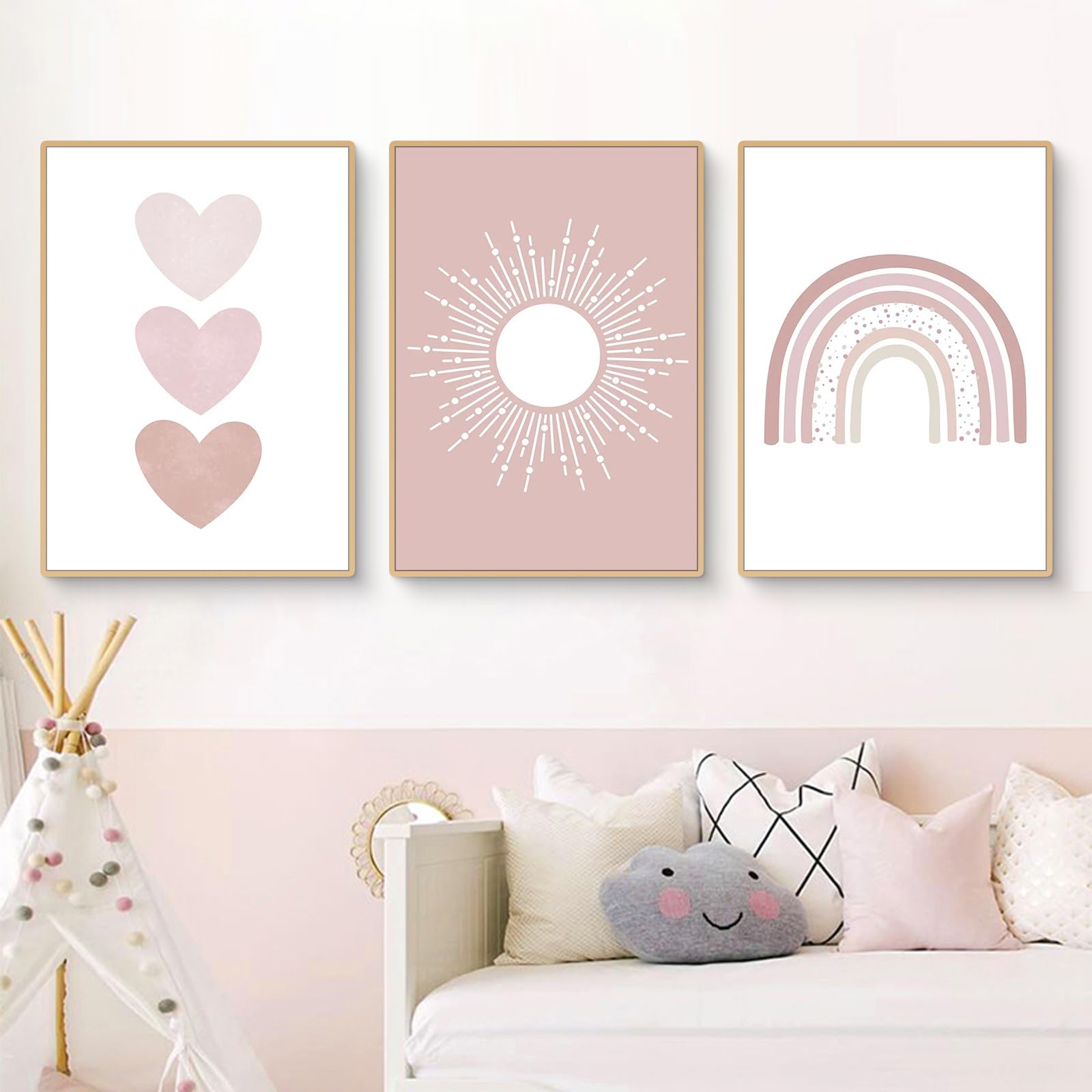 Ueiwffzo 3er Poster Set Bilder Kinderzimmer Mädchen Rosa Regenbogen Bilder, Babyzimmer Deko Leinwand Bilder Wandbilder, Wandposter Babyzimmer Deko, Ohne Rahmen (21x30cm)