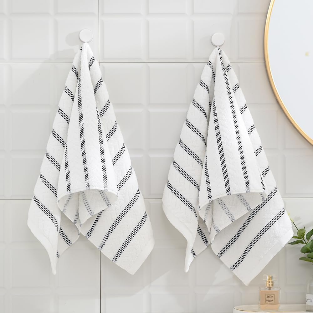 sense gnosis 100% Cotton White Hand Towel Set of 2 Thick Jacquard Ribbed Striped Soft Quick Dry and Absorbent Bathroom Decorative Hand Towel 13 x 29 Inch