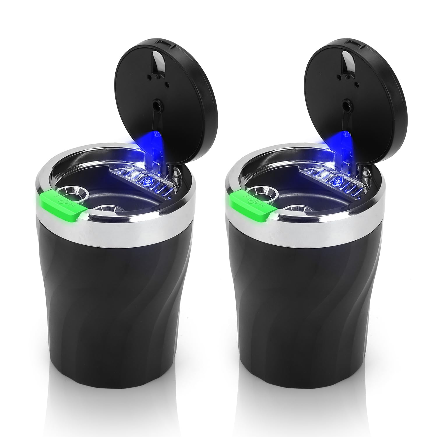 LYCXAMES 2 Stück Aschenbecher Auto, Tragbarer Metall Rauchfreien Aschenbecher mit Deckel und LED Licht für Autos Vans Outdoor Camping, Schwarz