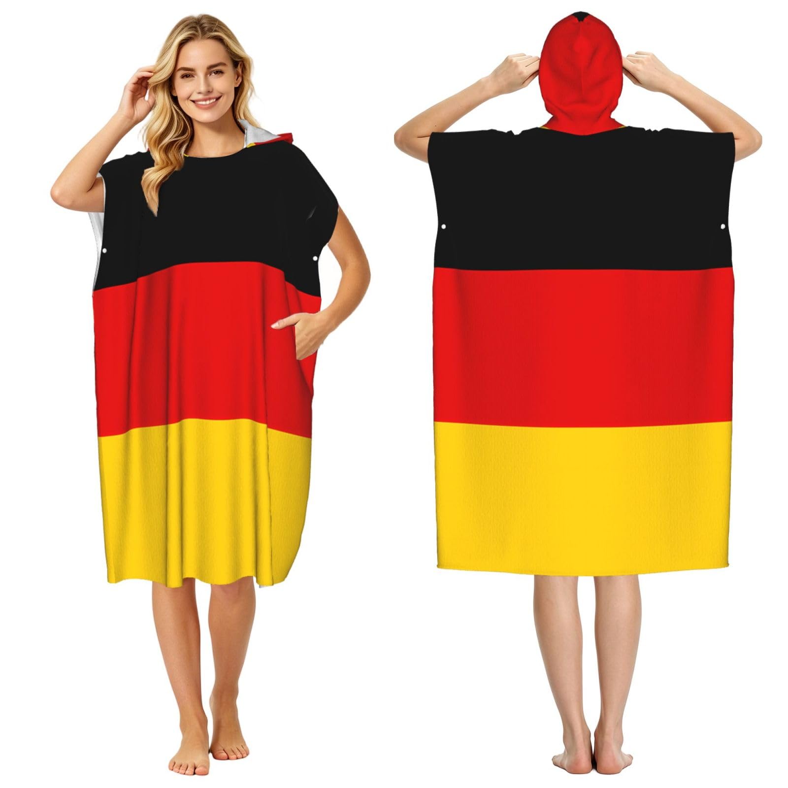 Zaixiansj 110cm German flag Print Adult Changing Robe Hooded Towel Poncho Surf Swim Beach Cover Up with Pockets