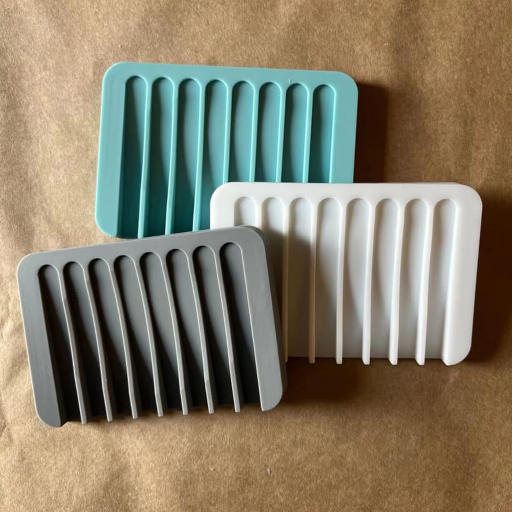 Store2508 Pack of 3 Silicone Self Draining Soap Dish Holder for Bathroom Kitchen Grey White Teal-image-17