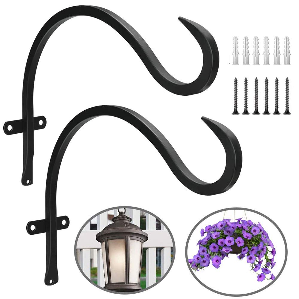 Gtongoko - Supporto da parete per piante, resistente, con gancio curvo, a C, per appendere piante, lanterne, mangiatoie per uccelli, campane a vento, colore nero, confezione da 2 (35,6 cm/2 pezzi