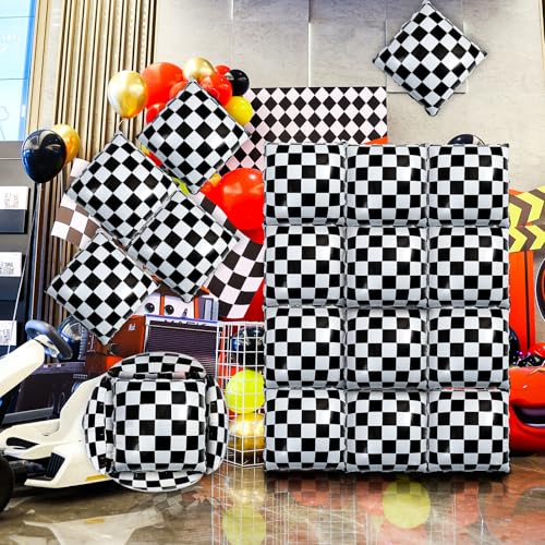 Image of 20Pcs Race Car Square Balloons Black and White Checkered Balloon Set for Boy Adult Wheel Tire Checkered Party Decoration for Racing Party Square Balloon Wall, Boys Birthday Favors 13.3In
