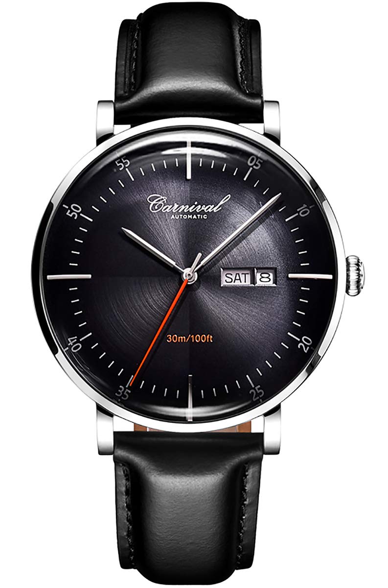 LOREOLuxury Men's Automatic Watch Sapphire Crystal Rose Gold Black Leather Strap Dress Mechanical Date Waterproof Analog Watches