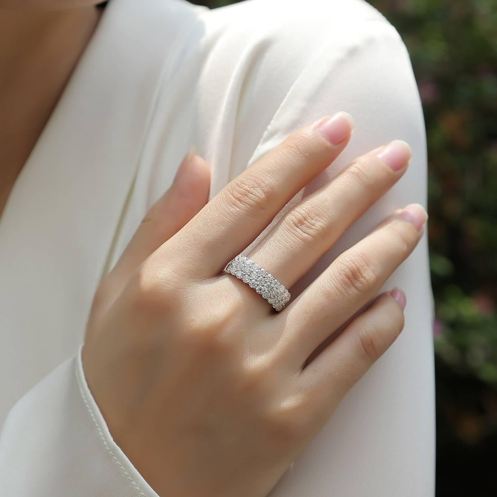 Obrączki ślubne damskie 750, Moissanit Pavé Wide Ring dla kobiet, prawdziwe złoto, 9K/14K/18K białe złoto/Pt950 platyna, rozmiar 47 (15,0)-65 (20,7)