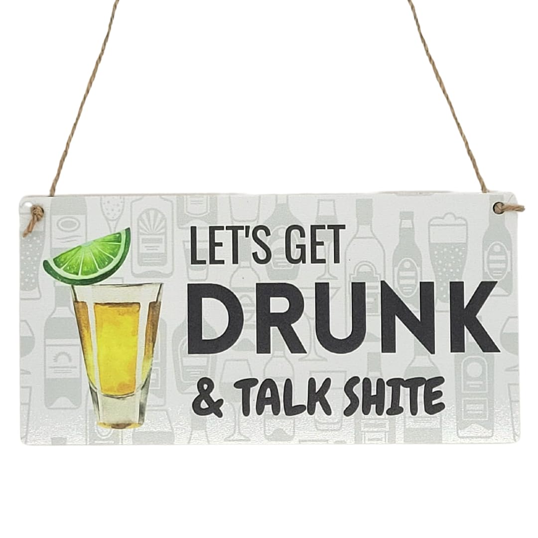 Second Ave Funny Let's Get Drunk Wooden Hanging Rectangle Home Bar Sign Plaque