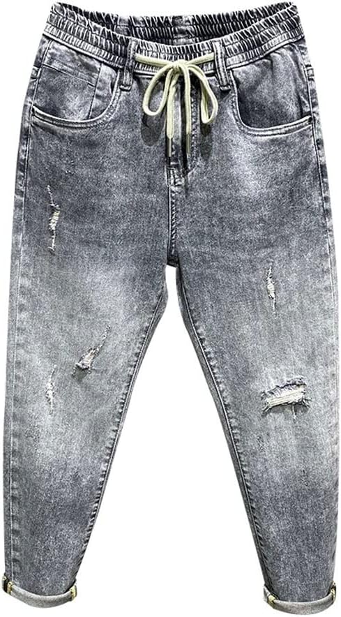 Mens Ripped Jeans Grey Stretch Distressed Broken Holes Streetwear Cropped Pants Denim Elastic Waist