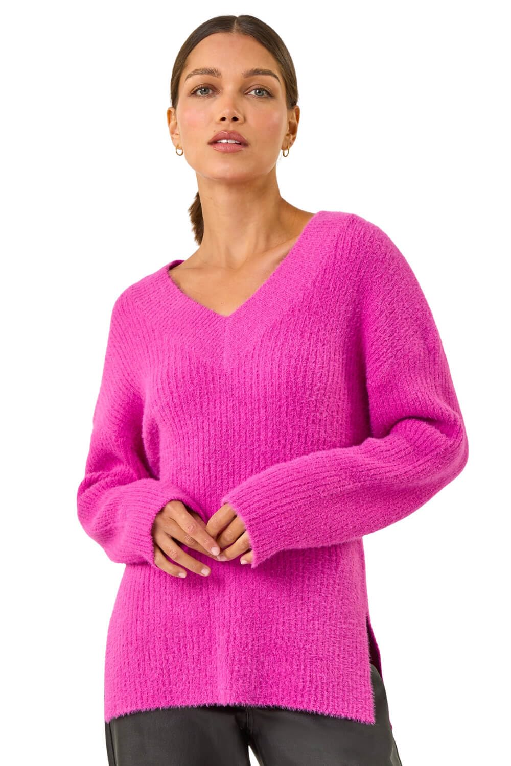 Roman V-Neck Fluffy Knit Jumper - Magenta - Size 18