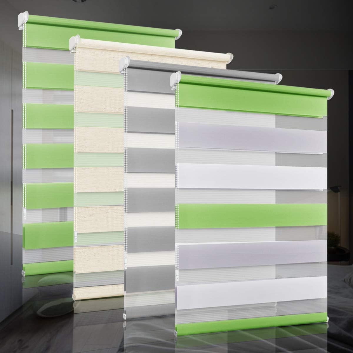 bobodeco Doppelrollo klemmfix ohne Bohren Duo Rollos für Fenster mit Klemmträger, Weiß Grau Grün B90 x H120cm (Stoffbreite 90cm), Fensterrollo lichtdurchlässig & verdunkelnd Wandmontage Sichtschutz