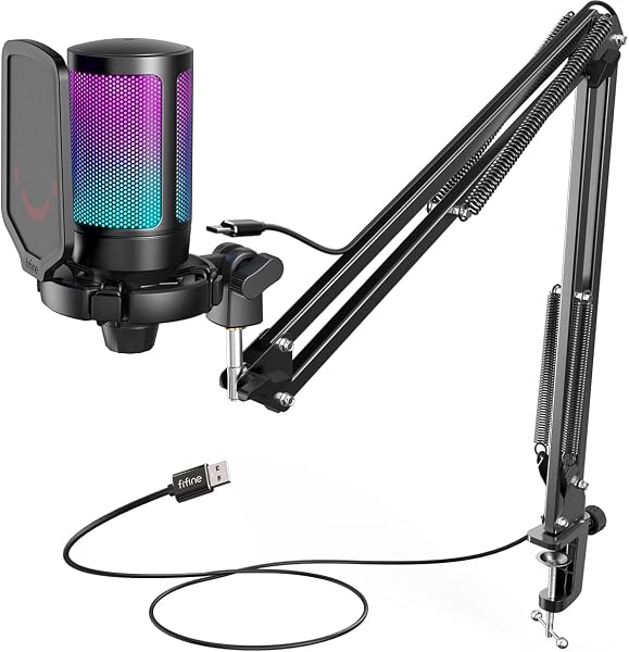 FIFINE USB Micro Gaming avec Bras pour PC PS4 PS5, Condensateur Microphone pour Streaming Podcast Studio, avec Bouton de Silence, Fixation Antichoc, Support Micro, Filtre Anti-Pop, RGB - 1
