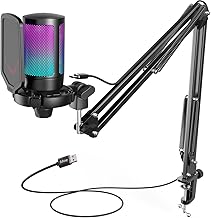 FIFINE USB Micro Gaming with Arm for PC PS4 PS5, Condenser Microphone for Streaming Podcast Studio, with Silence Button, Shockproof Mount, Microphone Stand, Pop Filter, RGB