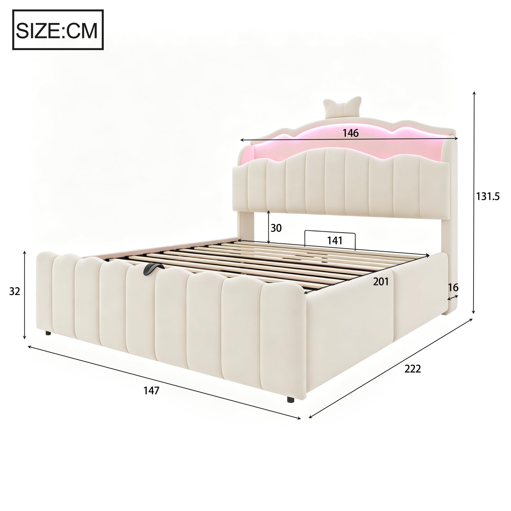 Wyściełane łóżko dziecięce 140 x 200 cm z hydraulicznym schowkiem, aksamitne pokrycie, zagłówek LED z oświetleniem zmieniającym kolor, porty ładowania USB i USB-C, rozkładany zagłówek z
