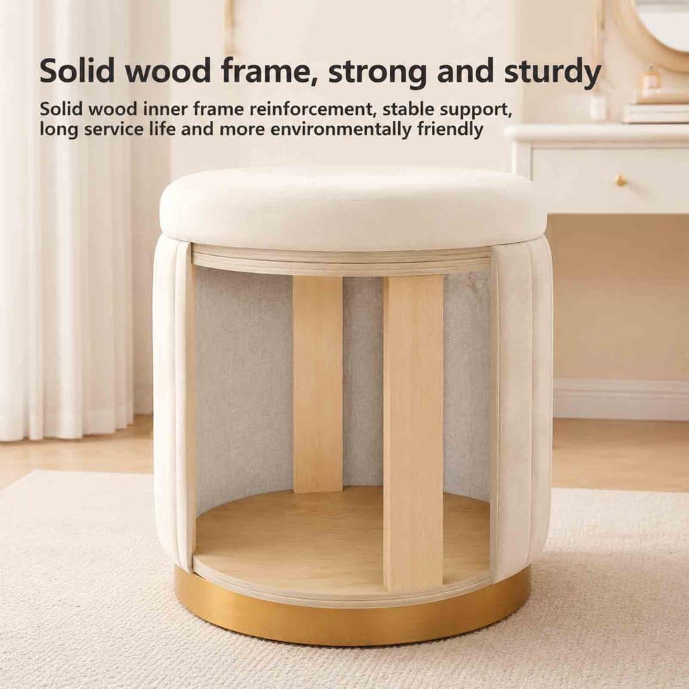 Pouf Sgabello Rotondo Contenitore, poggiapiedi ottomano in Velluto con vano Nascosto e Base in Legno, Sgabello toeletta Compatto, Crema
