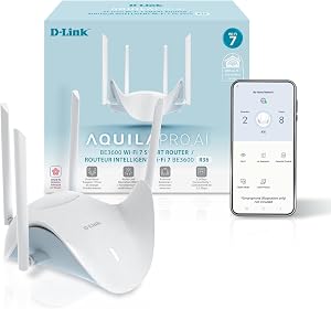D-Link BE3600 Dual-Band Wi-Fi 7 Smart Router (R36) 4 x 2.5 GbE Multi-Gig Ports, Self-Optimizing AI, Mesh, Parental Controls, Enhanced Security, Multi-Link, 4-Stream, Alexa/Google Ready, App Setup