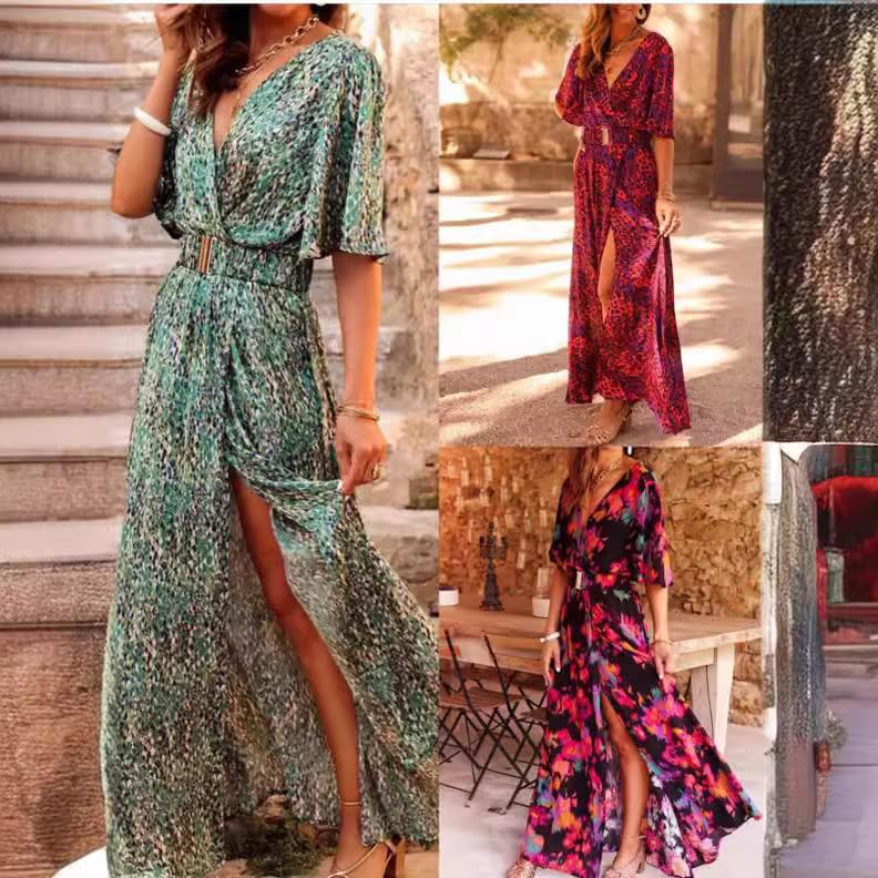 Vestido Maxi Bohemio De Verano para Mujer, Cuello En V, Manga Corta, Largo, Bohemio, con Flores, Cruzado, con Abertura Lateral, para Playa, Fiesta Informal.