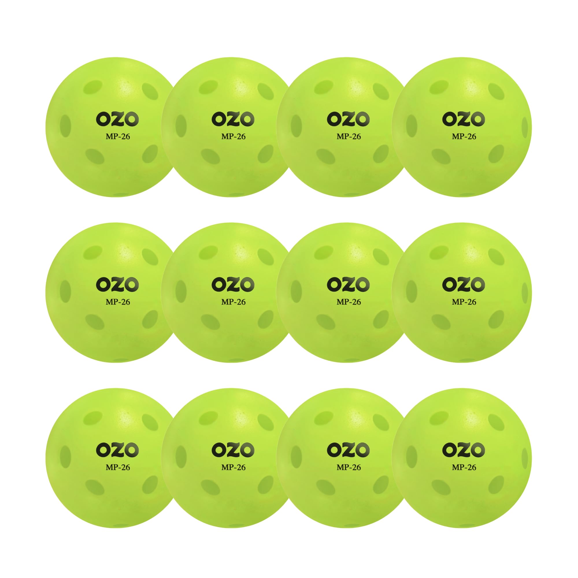 OZO Pickleball - Lot de 12 Balles d'Intérieur, 26 Trous, Moulage par Rotation, Neon Green