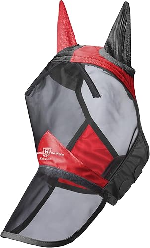 Miniatura 2 de Harrison Howard Pro Luminous Horse Fly Máscara de nariz larga con orejas protección UV para caballo, rojo escarlata, negro, mazorca mediana