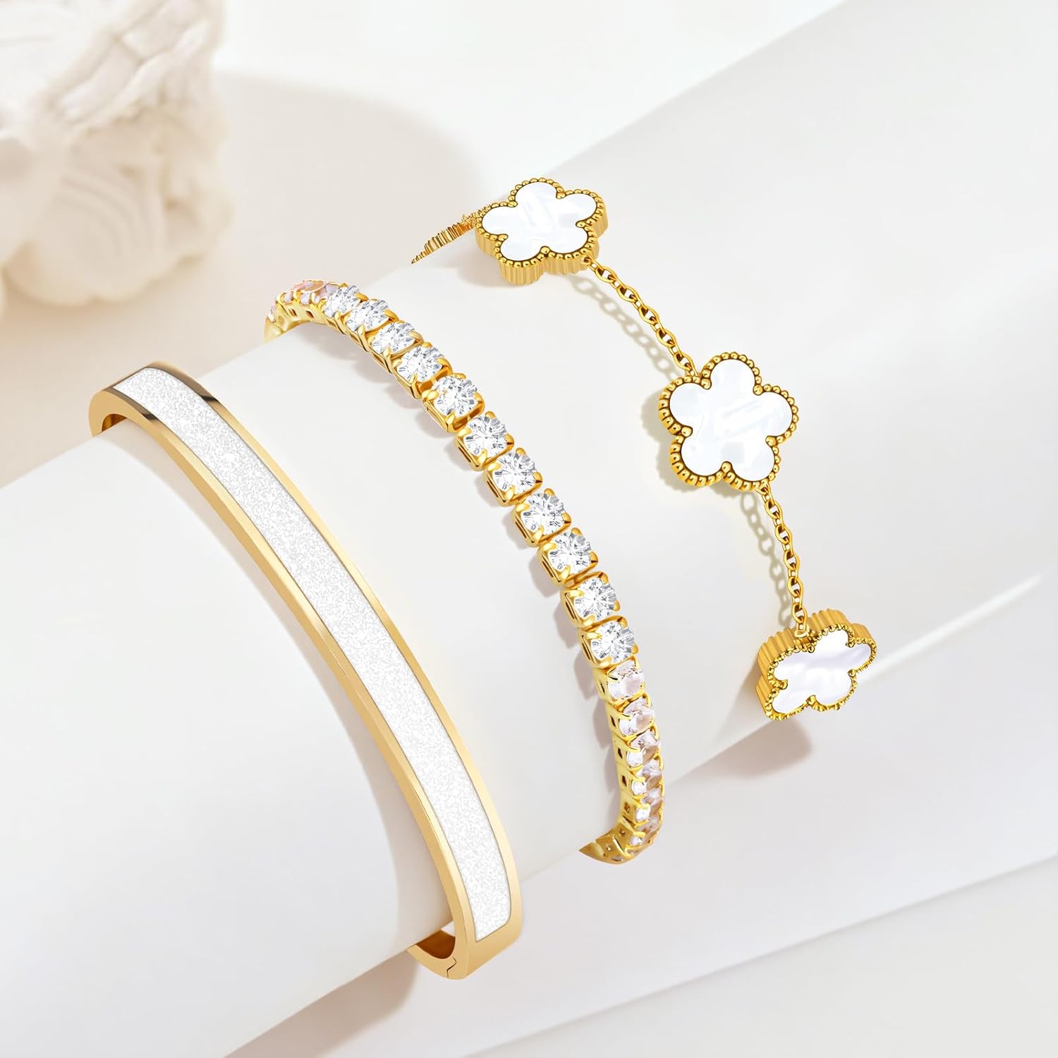 Gold Bracelets for Women, 18K Gold Plated Tennis Nail Clover love Bangle Bracelets Set Non Tarnish, Stainless Steel Trendy Stackable Bracelet Fashion Jewelry Accessories Gifts for Christmas - Image 8
