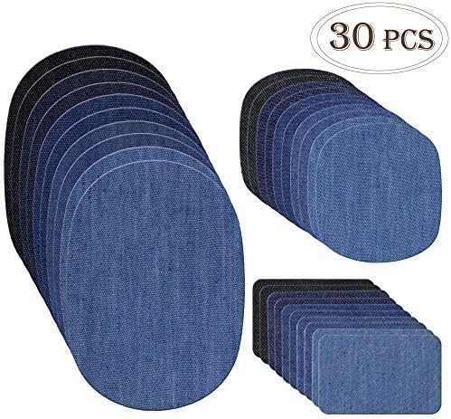 Outuxed 30pcs Iron on Denim Patches Fabric Patches for Clothing Jeans, Iron on Repair Kit, 5 Colors, 3 Sizes(4.9x6.9 Inches, 3.7x4.1 Inches, 2x3 Inches)