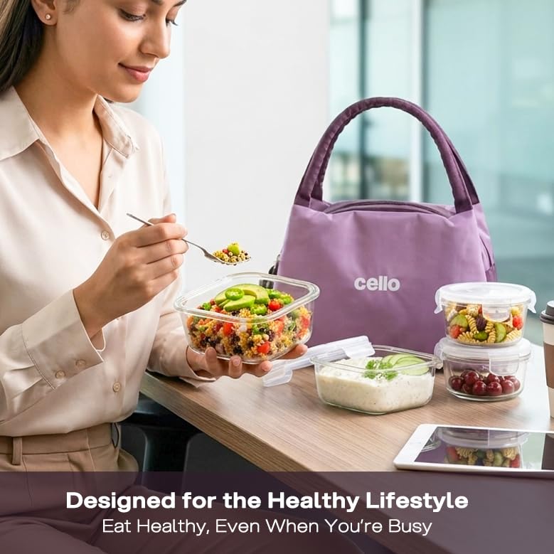 Image of CELLO Alba Glass Lunch Box with Bag for Office Use, Purple | 2 x 320ml Square + 2 x 240ml Round Microwave Safe Containers with Spoon & Fork, Fridge Safe Leak Proof Airtight Tiffin Box Set for Travel