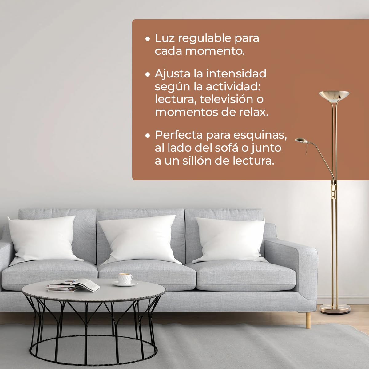 Els Banys Lámpara pie salón LED SMD metal oro viejo. pantalla superior 17W-3000k-1600 lumens. Lector articulado 5W, 3000K, 450lumens. H180cm Ancho 50cm. Luz regulable. IP20 uso interior