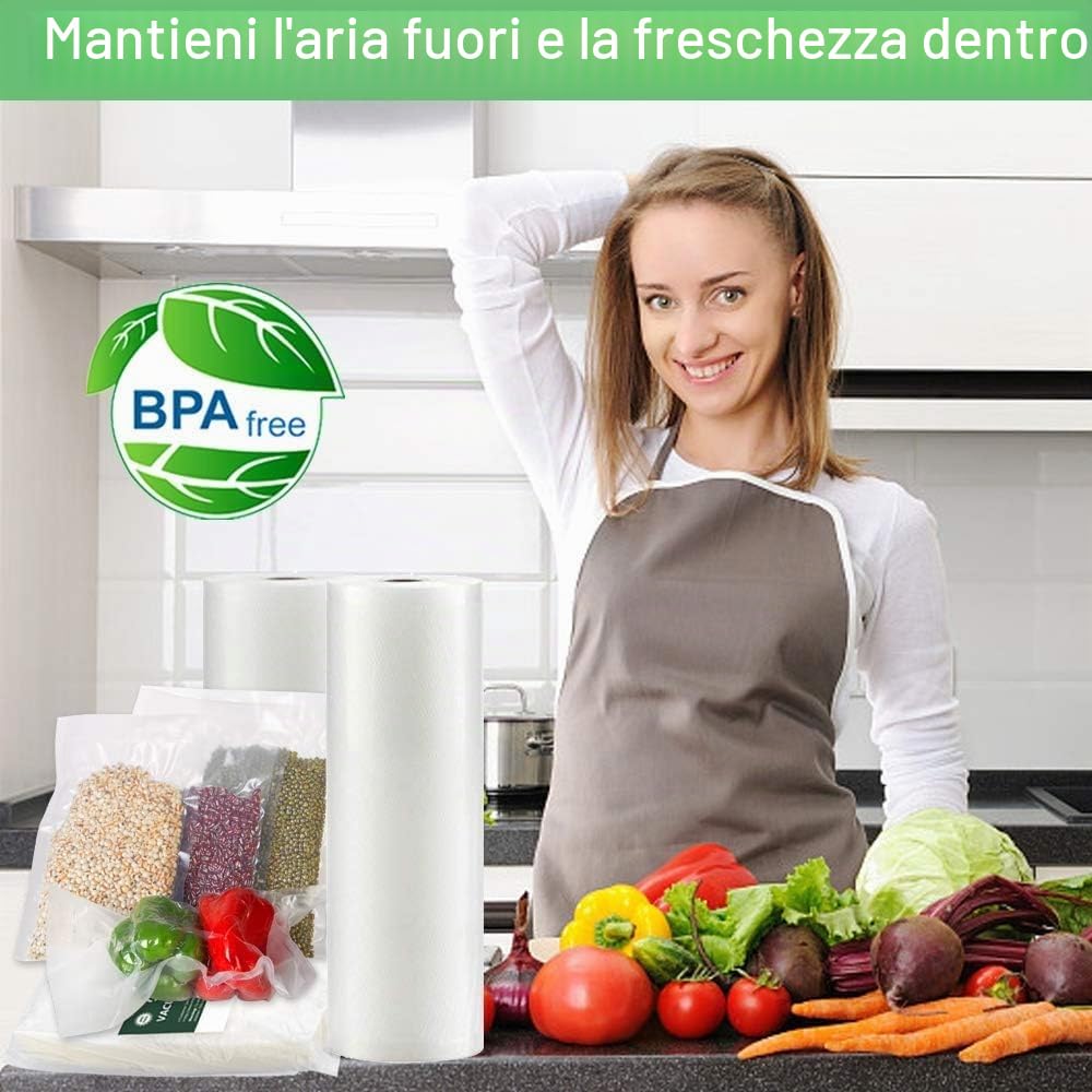 O2frepak 6 Rotoli (3)20X600cm e (3)28X600cm Buste Rotoli Sottovuoto Alimenti,Sacchetti Sottovuoto per Alimenti,Sacchi Sottovuoto Alimenti senza BPA (totale:3600cm)