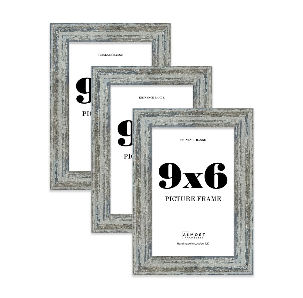 9x6" Distressed Blue Picture Frame - Rustic Wood Industrial Effect Photo Frame for Wall Display, Ideal for Posters, Prints & Home Décor, Wall Hooks and Kickstand, 32mm Edge - 3 Pack
