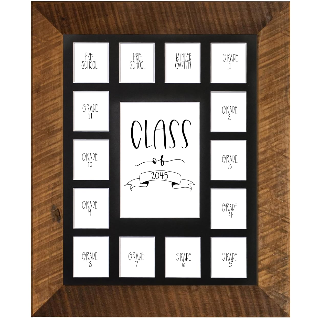 Rustic Red Door Co. School Years Reclaimed Wood Picture Frame with Mat - 11x14 Wooden Framed 15 Photo Collage Mat Pre-School &amp; Kindergarten to 12th Grade High School Graduation (Class of 2045, Black)