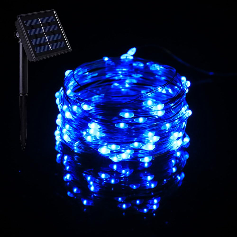 Treer Solar Outdoor Fairy Lights, Solar Powered Copper Wire Garden Lights, Outside IP65 Waterproof Garden Ornaments Outdoor LED String Lighting for Wedding Yard Patio (Blue,22m)