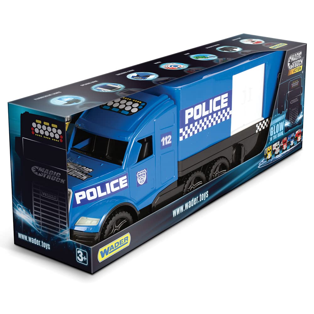 Wader Magic Truck Action Polizei, Polizei Transporter, fluoreszierenden Lichter, inkl. Abnehmbarer schwenkbarer Container, seitlichen Schiebetüren, öffnende Heckklappe, inkl. Stützbeinen, ab 3 Jahre