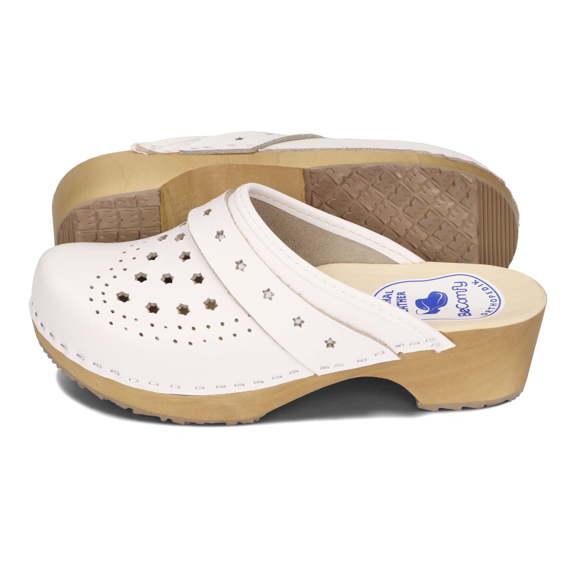 BeComfy Zoccoli da Donna con Suola in Legno Vera Pelle Bianco Fiori Colorati Stelle 35 36 37 38 39 40 41 EU