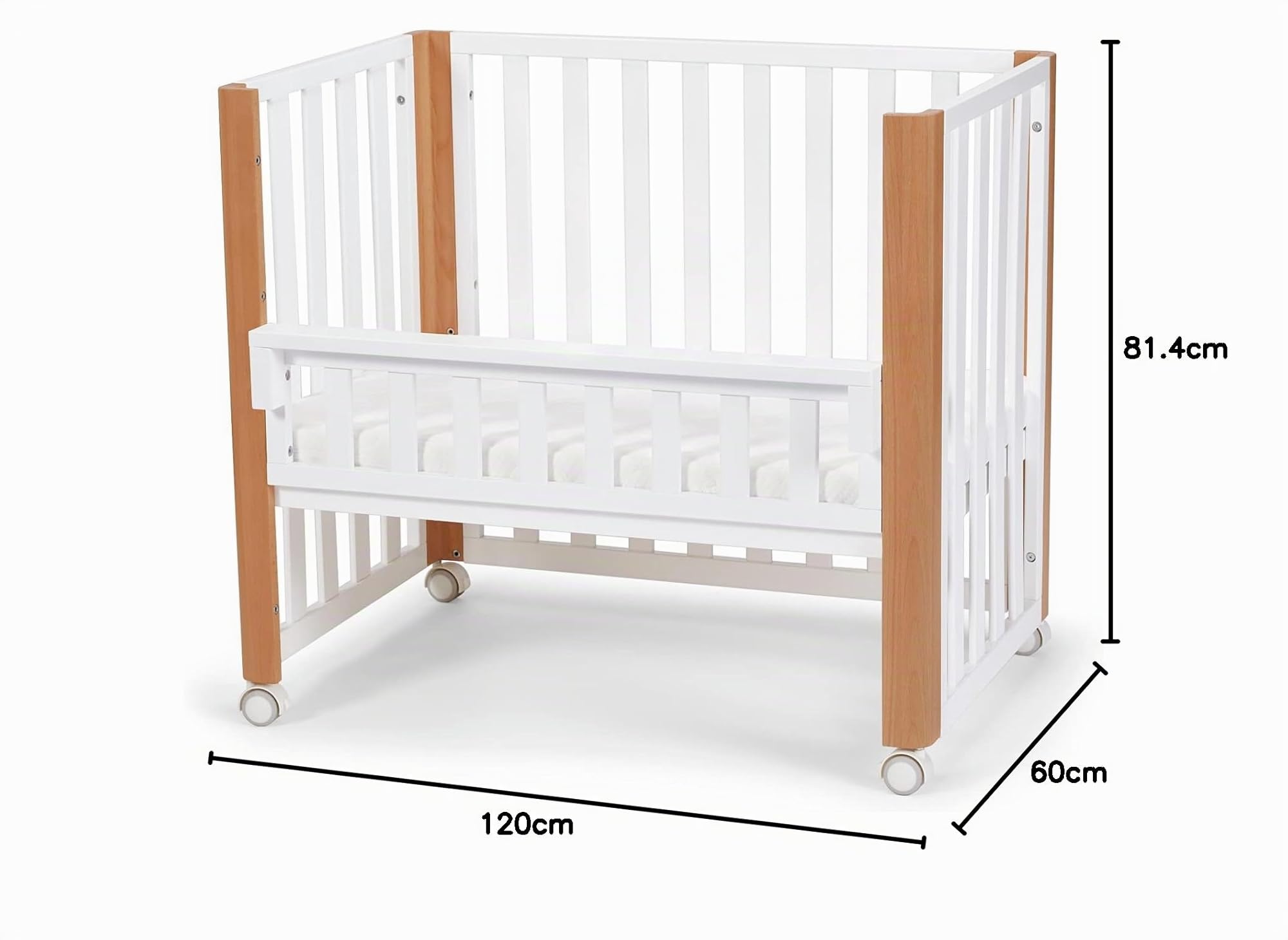 Kinderkraft KOYA Lettino Sbarre in Legno 4in1 per Bambini con Ruote, Culla da Affiancare, Materasso incluso, l’altezza della base regolabile, Bianca