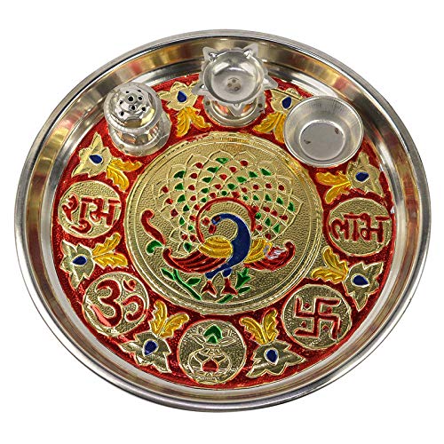 TreegoArtsteel Pooja Aarti Thali 10 Inch Approx (Color : Multi) Puja Thali for Home Temple Aarti Size Pooja Aarti Thali Set