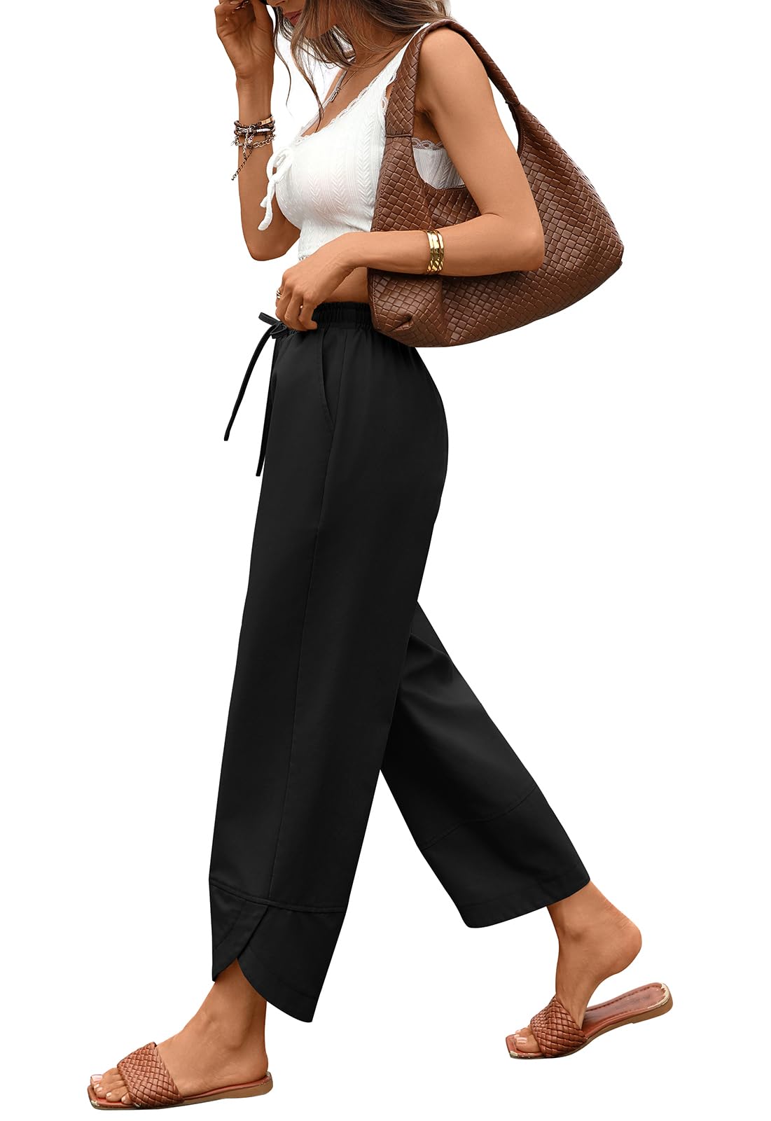 Womens Baggy Linen Pants Loose Fit Drawstring Wide Leg with Pockets