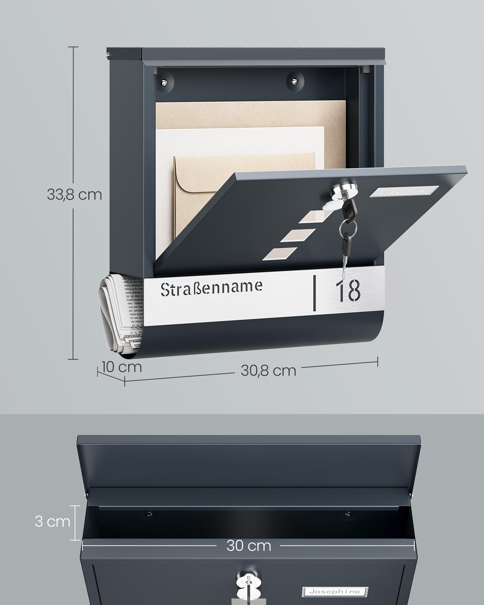 SONGMICS Briefkasten personalisiert, mit Namensschild, Hausnummernschild, Postkasten, Zeitungsfach, Sichtfenster, Schloss, modern, 10 x 30,8 x 33,8 cm, anthrazit GMB082G01