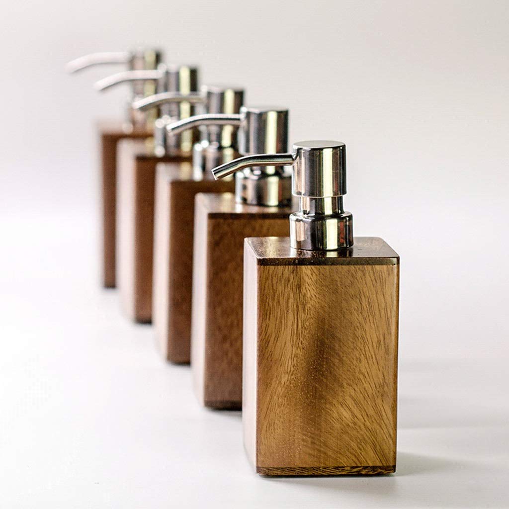 Botella de plástico, cerámica, dispensador de jabón con bomba, dispensador de jabón Dispensador de jabón de madera de nogal con bomba de acero inoxidable Manual de bomba de bomba Conjunto de baño de 4