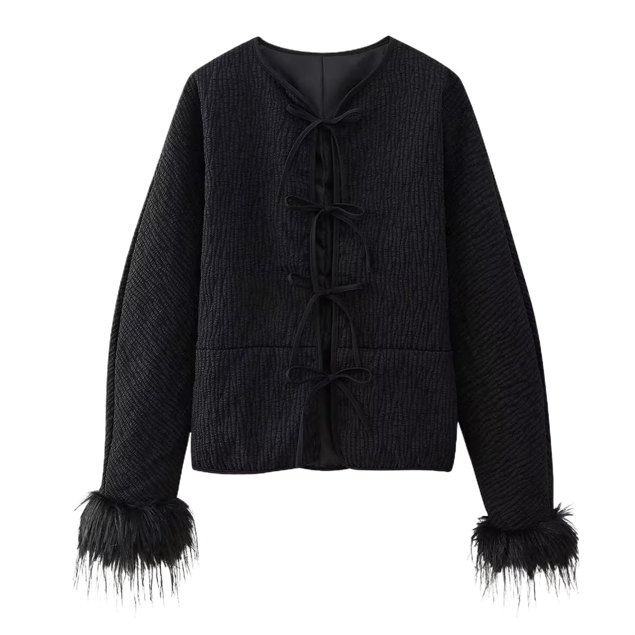 Women Black Cotton Bow Lace-Up Jacket with Feather Cuff Decoration - Chic Loose Blazer for Autumn Winter